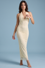 Yellow Lace Asymmetric-Neck Maxi Dress With Collar-Detail