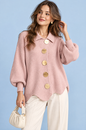 Cardigan oversize rose poudré à col | Vue de face | Lounelle Paris
