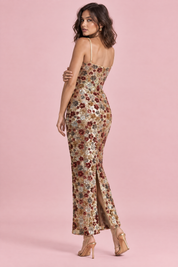 Robe courte dorée ornée de sequins à motifs floraux, à col rond | Vue de dos | Lounelle Paris