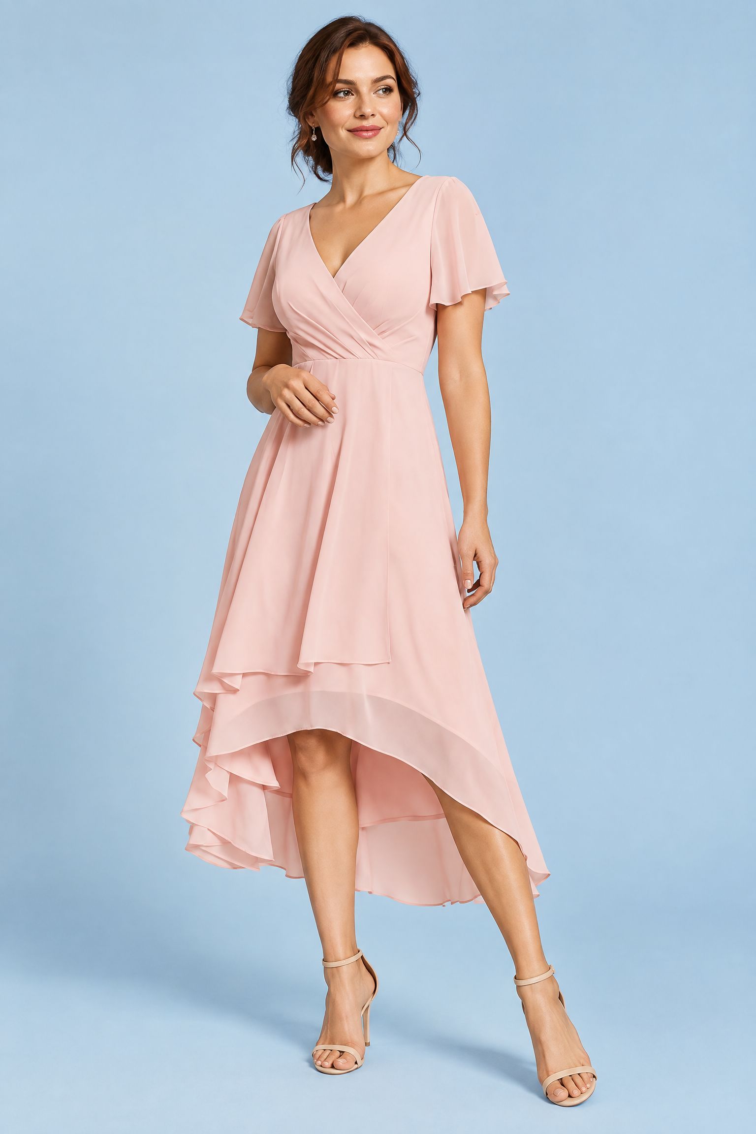Robe rose à manches volantées et ourlet asymétrique | Vue de face | Lounelle Paris
