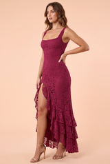Burgundy lace maxi dress with plunging neckline and asymmetric ruffles