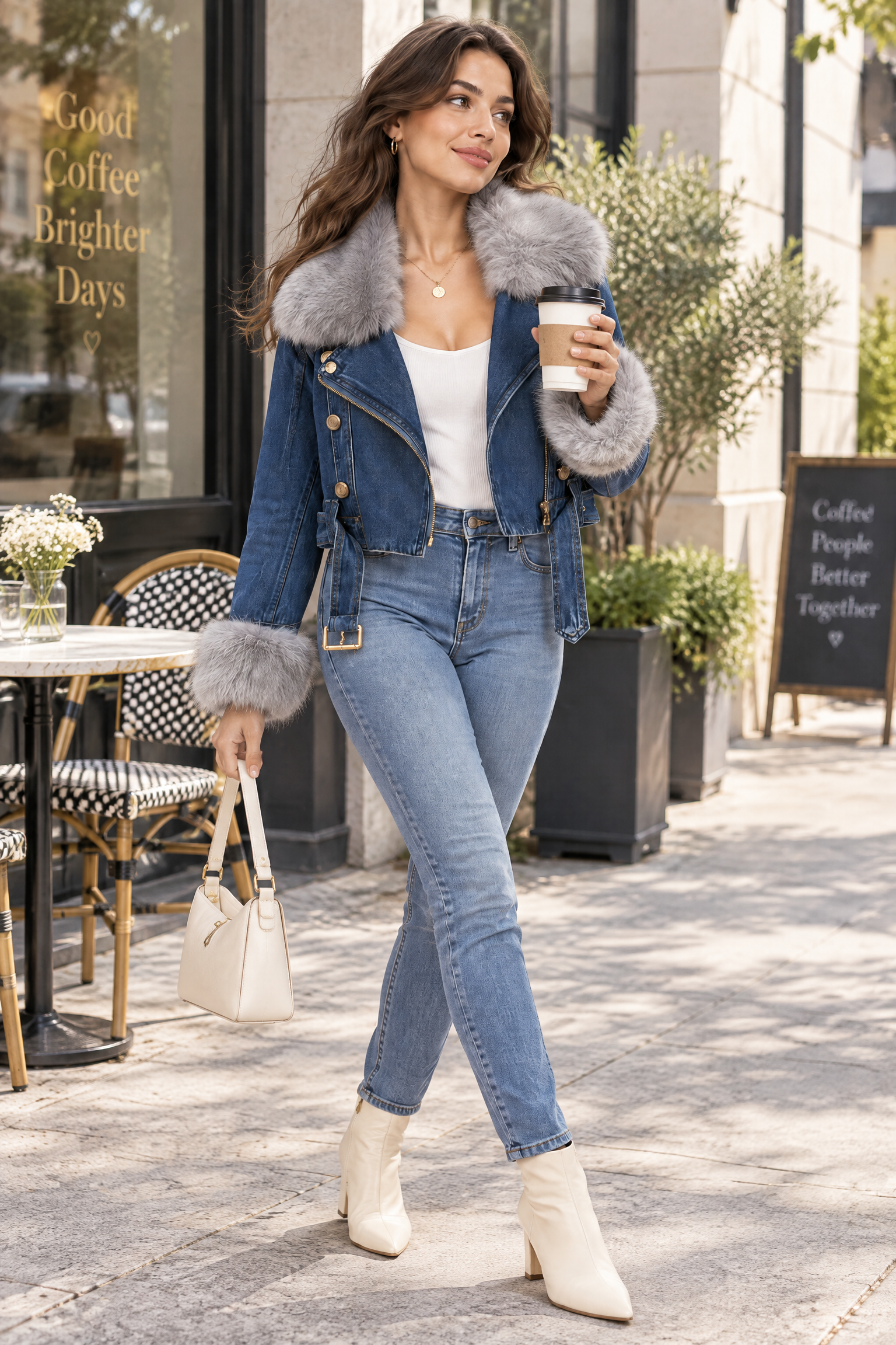 Veste motard courte cintrée à col en fourrure bleu foncé | Photo lifestyle | Lounelle Paris