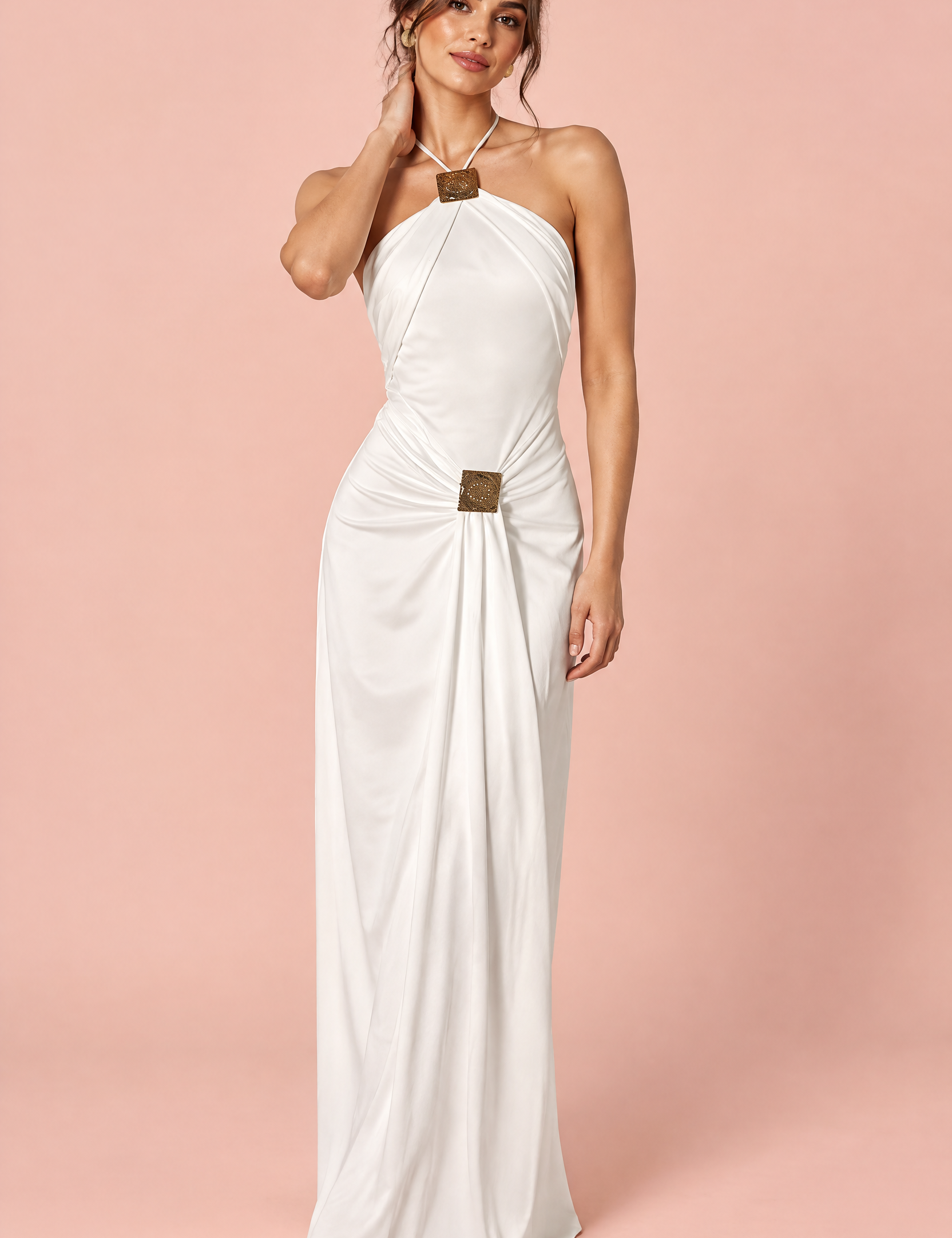 Robe longue blanche froncée à encolure américaine | Vue de face | Lounelle Paris