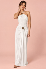 White Halter Ruched Maxi Dress