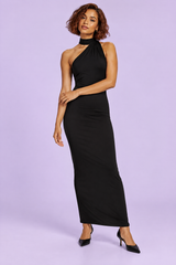Black Asymmetric-Neck Maxi Dress With Collar