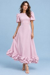 Pink Puff Sleeve Ruffle Maxi Dress