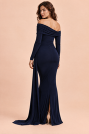 Robe longue bleue asymétrique à fronces et drapé | Vue de dos | Lounelle Paris