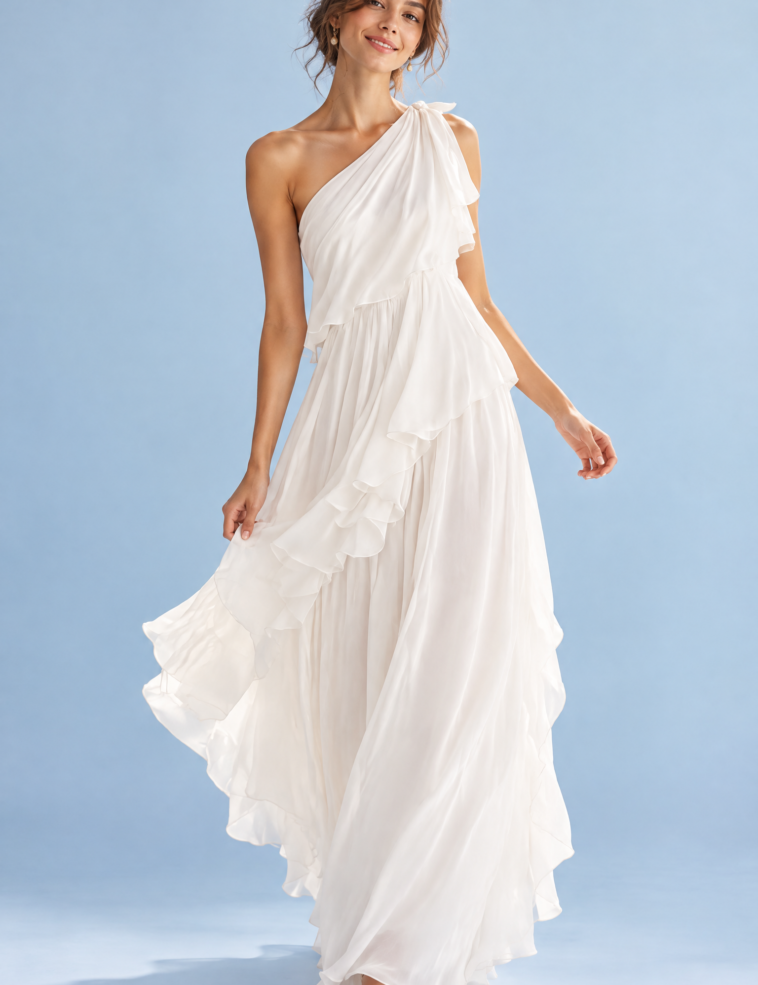 Robe blanche asymétrique à volants | Vue de face | Lounelle Paris