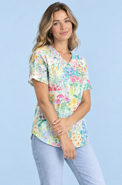 T-shirt blanc à imprimé floral et col | Vue rapprochée | Lounelle Paris