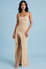 Beige Square-Neck Ruched Slit Maxi Dress