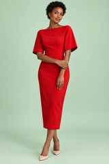 Red Fitted Midi Dress with Boat Neck and Short Sleeves