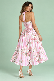 Robe longue rose dos nu à rayures et motifs floraux | Vue de dos | Lounelle Paris