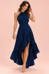 Navy Asymmetric Ruffle Halter Dress