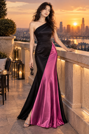Robe longue noire et rose magenta à une épaule | Deuxième photo lifestyle | Lounelle Paris