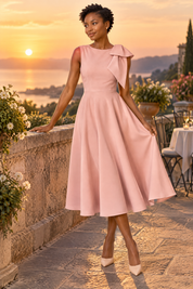 Robe midi rose à encolure asymétrique et manche à nœud | Deuxième photo lifestyle | Lounelle Paris