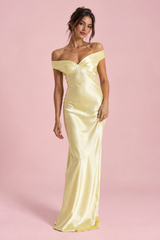 Light Yellow Ruched Off-Shoulder Bodycon Satin Maxi Dress