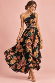 Robe noire fleurie à une épaule | Vue de face | Lounelle Paris