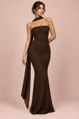 Dark Brown Lace Bandeau Maxi Dress With Scarf-Detail