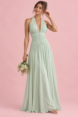 Light Green Plunge-Neck Maxi Dress With Gathered-Detailing