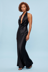 Black Backless Cowl Neck Fishtail Maxi Dress