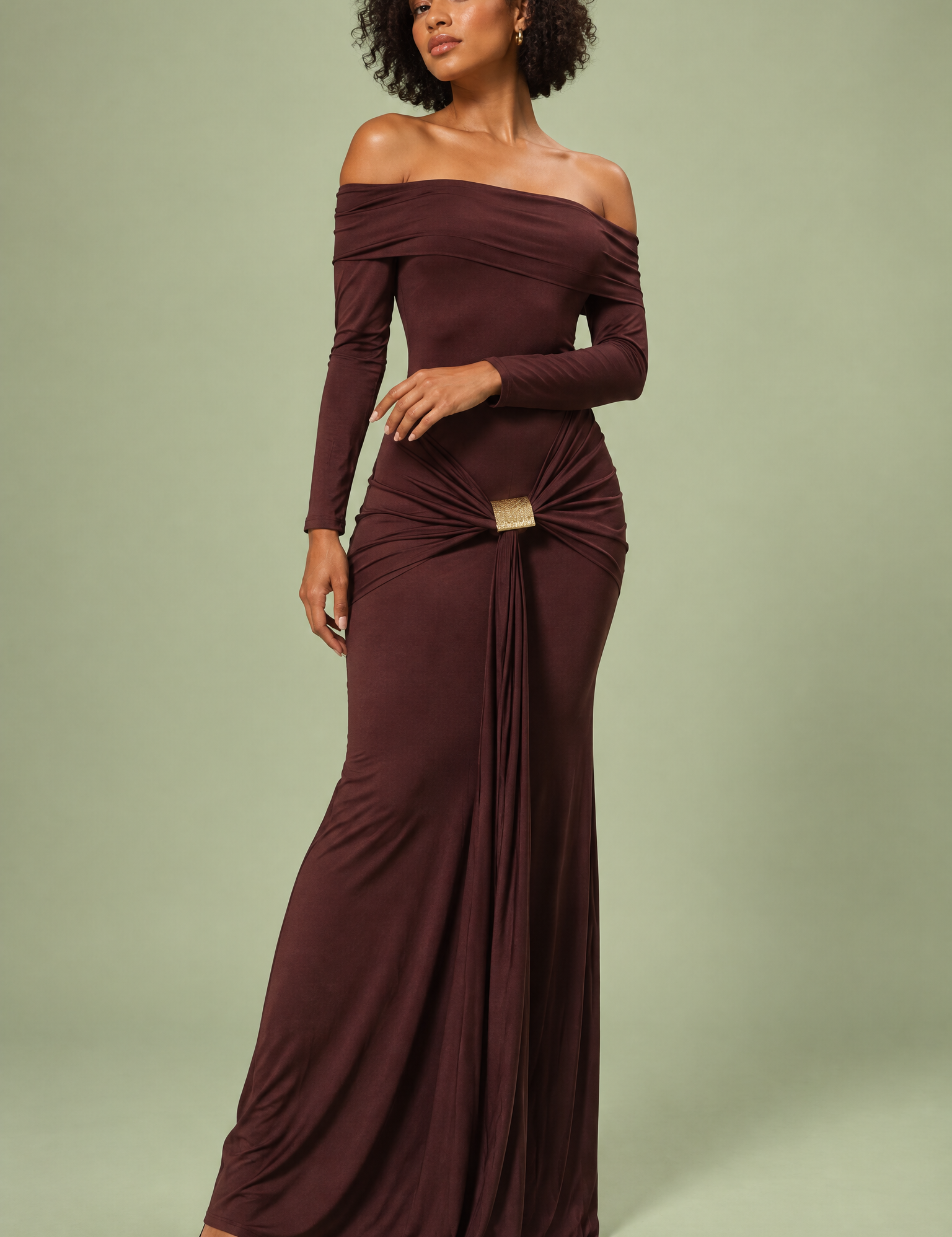 Robe longue bordeaux asymétrique à fronces et drapé | Vue de face | Lounelle Paris