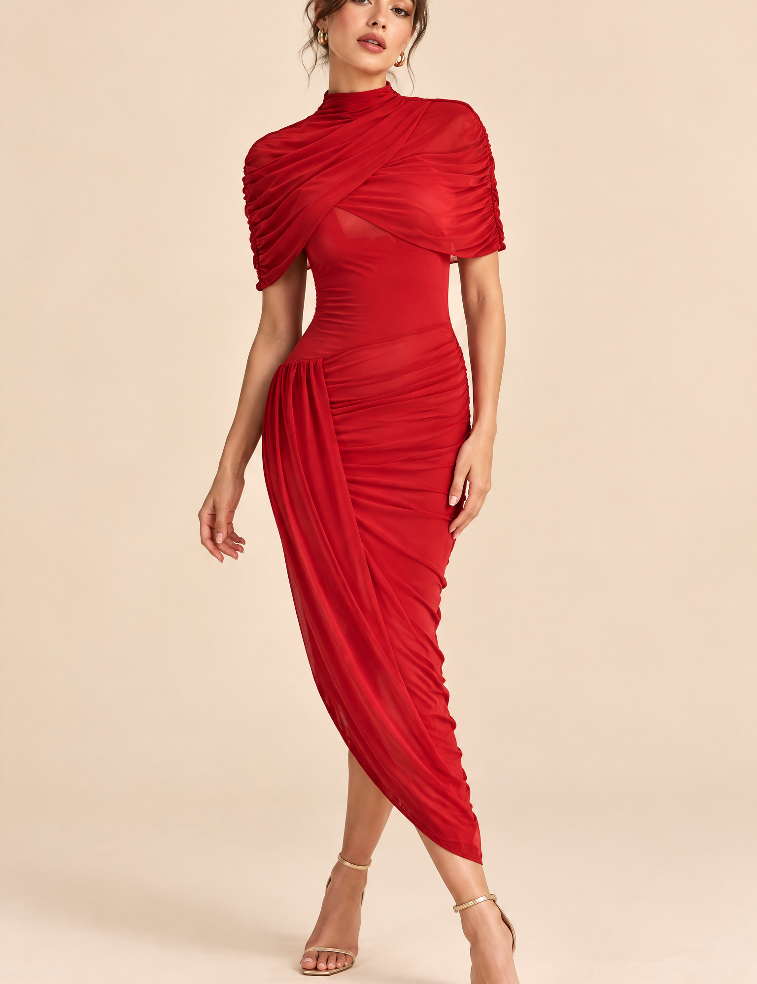 Robe rouge asymétrique drapée | Vue de face | Lounelle Paris
