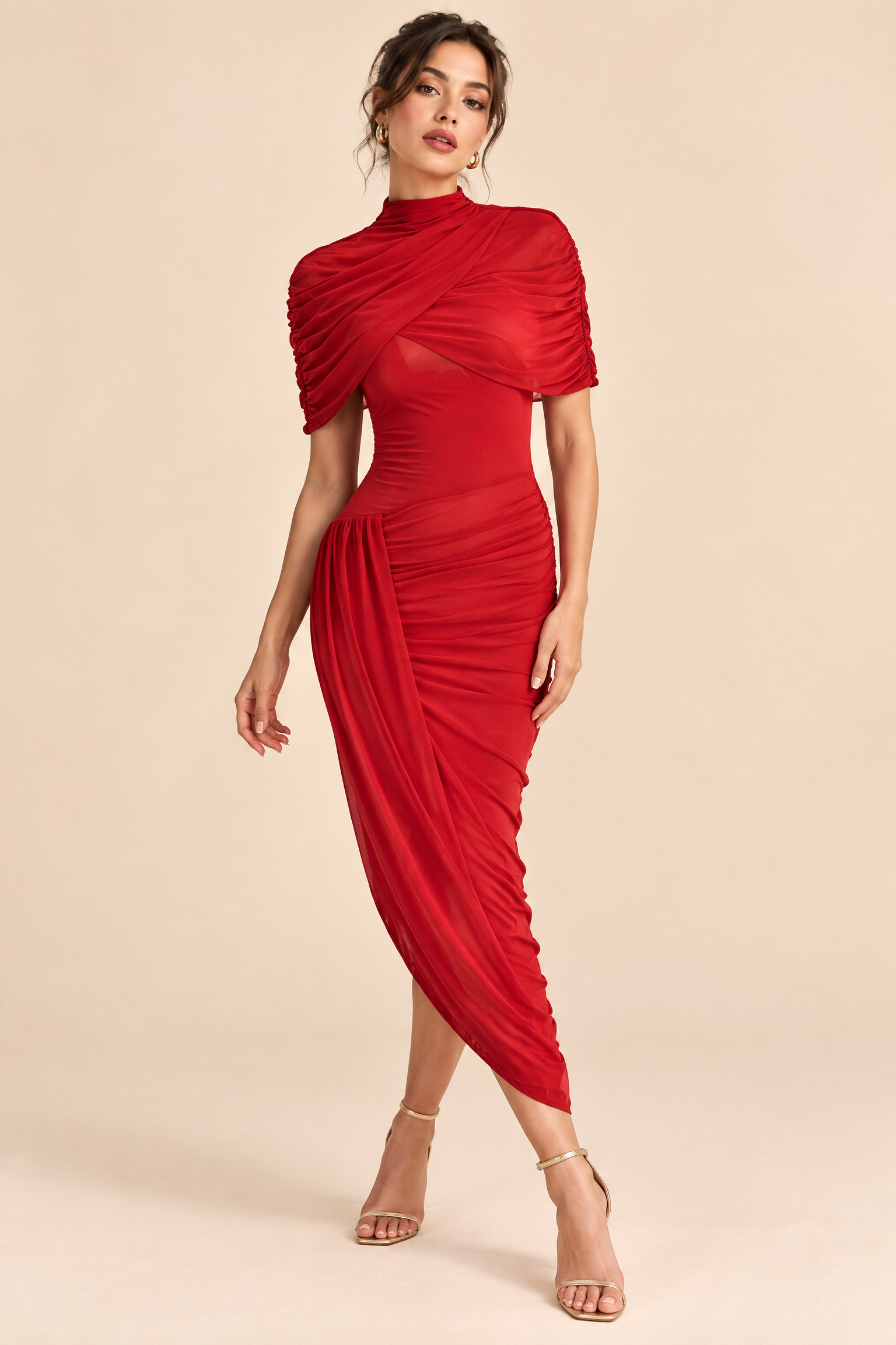 Robe rouge asymétrique drapée | Vue de face | Lounelle Paris