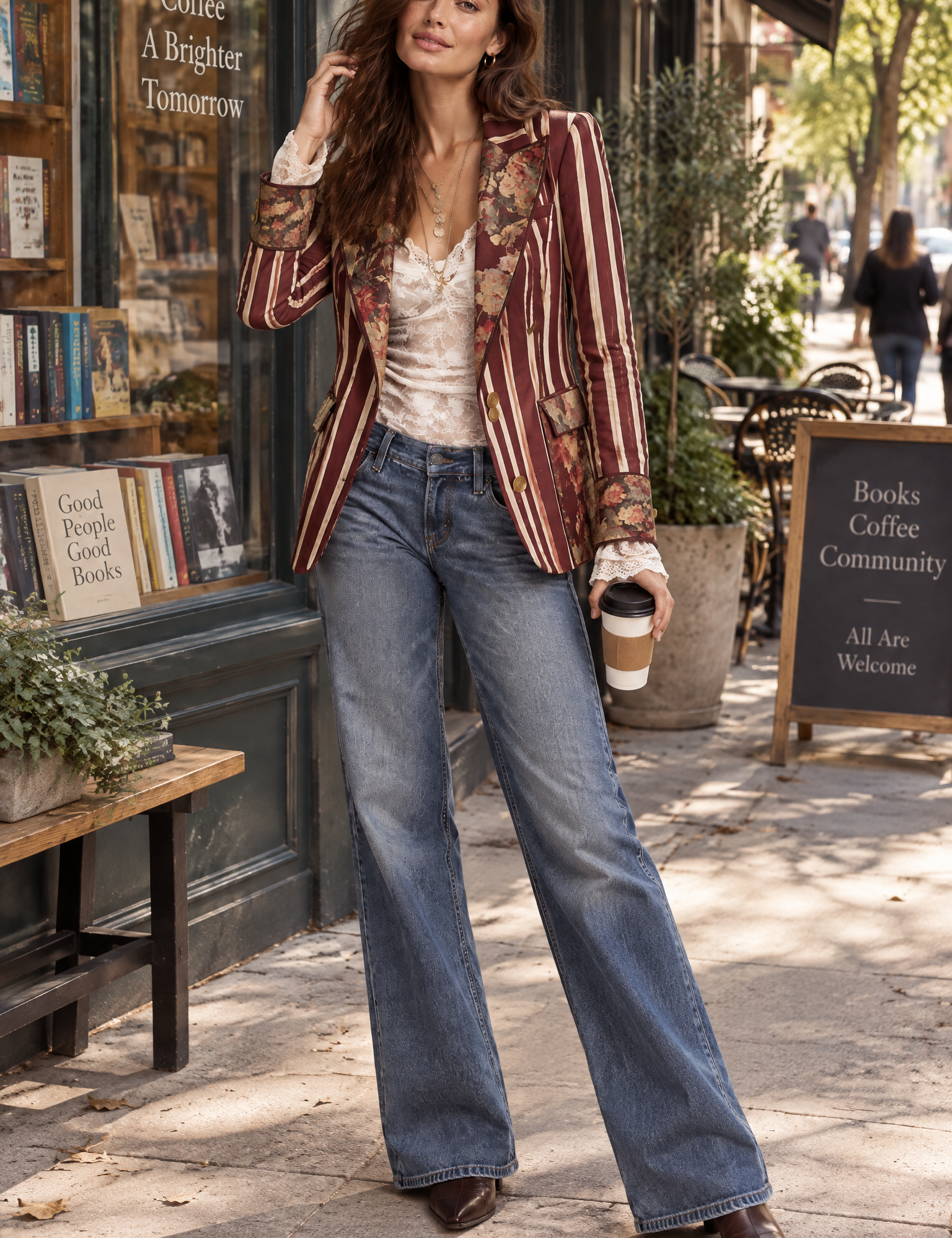 Blazer ajusté rouge à fleurs et rayures | Photo lifestyle | Lounelle Paris