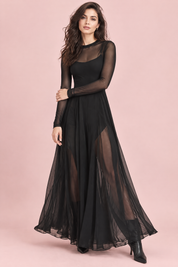 Robe longue noire à empiècements en mesh | Vue de face | Lounelle Paris