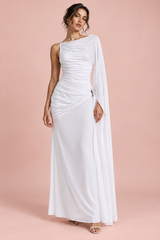 White High-Neck Maxi Dress With Draped-Detailing And Cape-Sleeves
