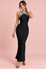 Black Maxi Dress with Halter Neckline and Rhinestones