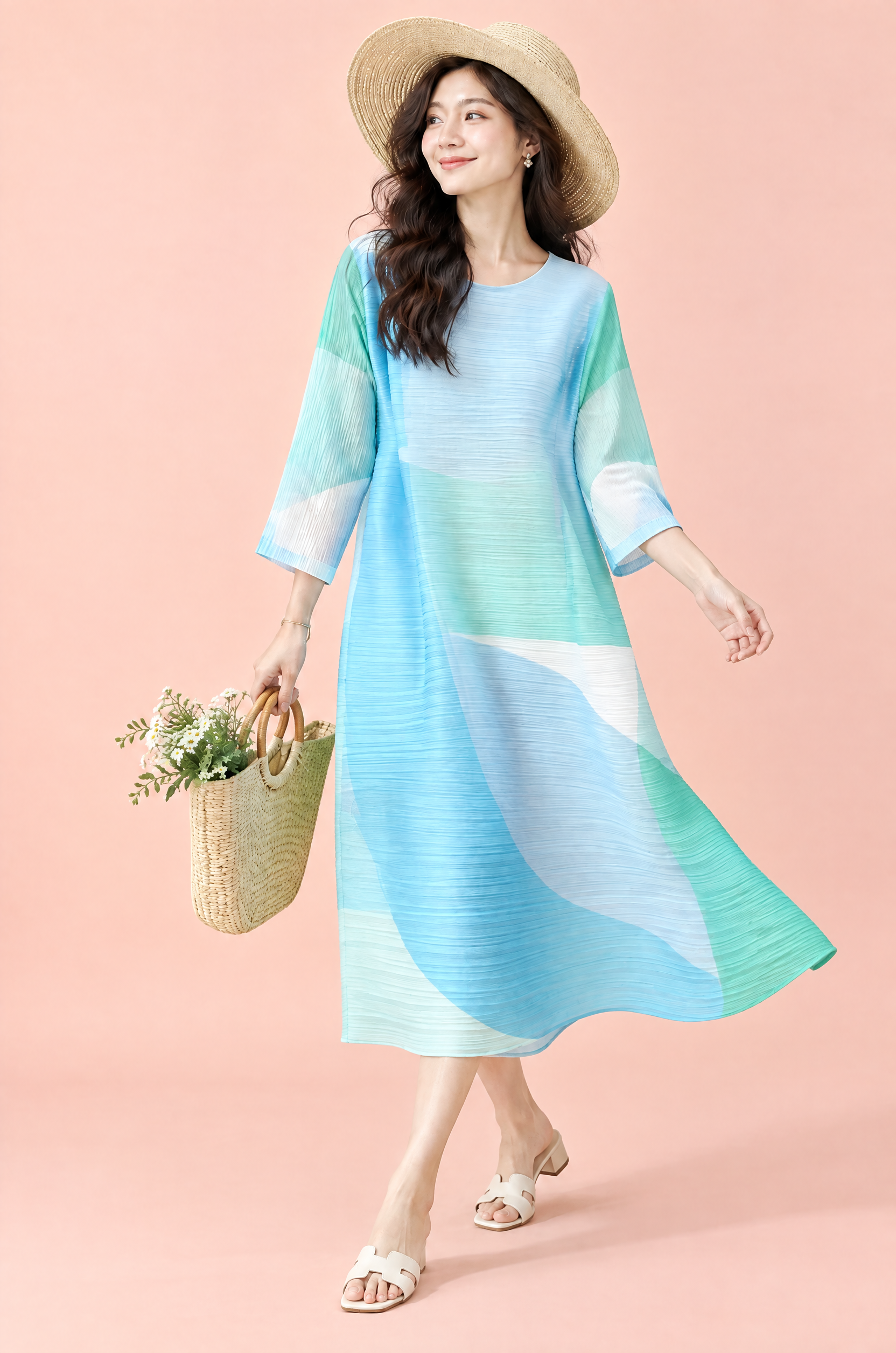 Robe midi trapèze plissée bleue | Vue en mouvement | Lounelle Paris