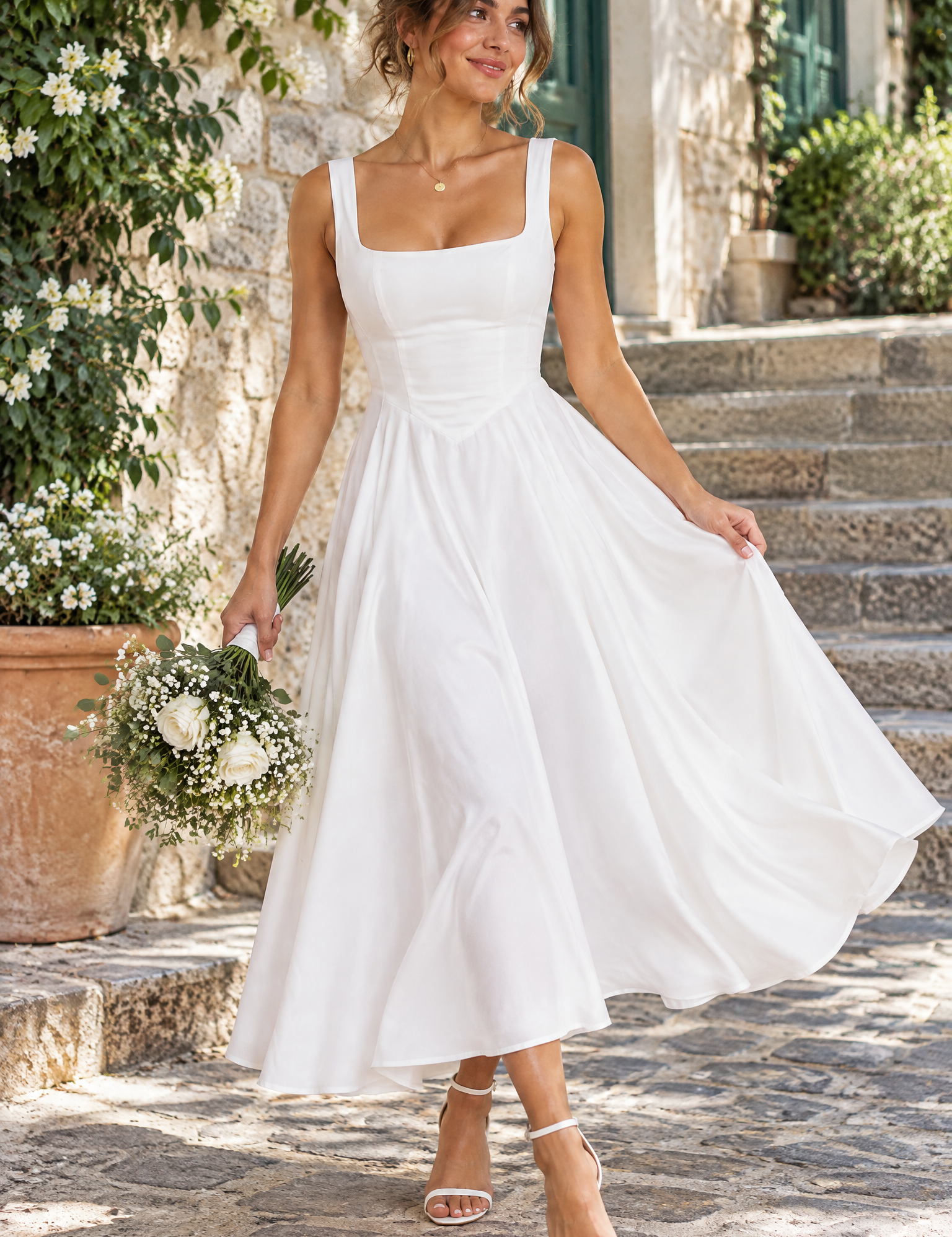 Robe midi blanche à fines bretelles et ourlet ample | Photo lifestyle | Lounelle Paris