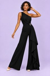 Combinaison pantalon noire à encolure carrée festonnée | Vue en mouvement | Lounelle Paris