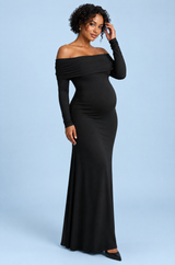 Black Maternity Ruched Mesh Bardot Maxi Dress