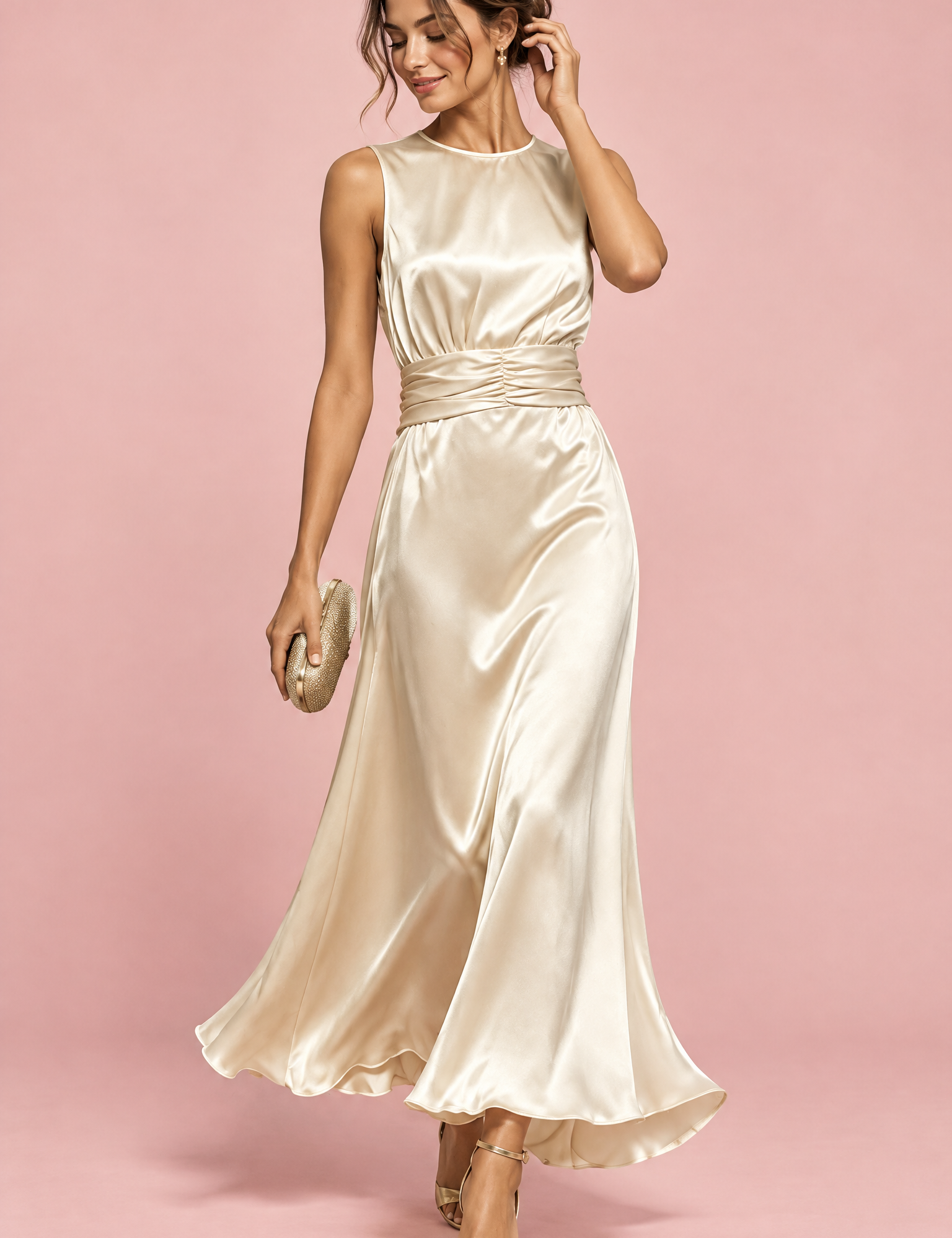 Robe longue champagne à pois froncée | Vue de face | Lounelle Paris