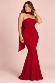Robe longue rouge bustier bandeau à coupe sirène | Porté sur une autre silhouette | Lounelle Paris