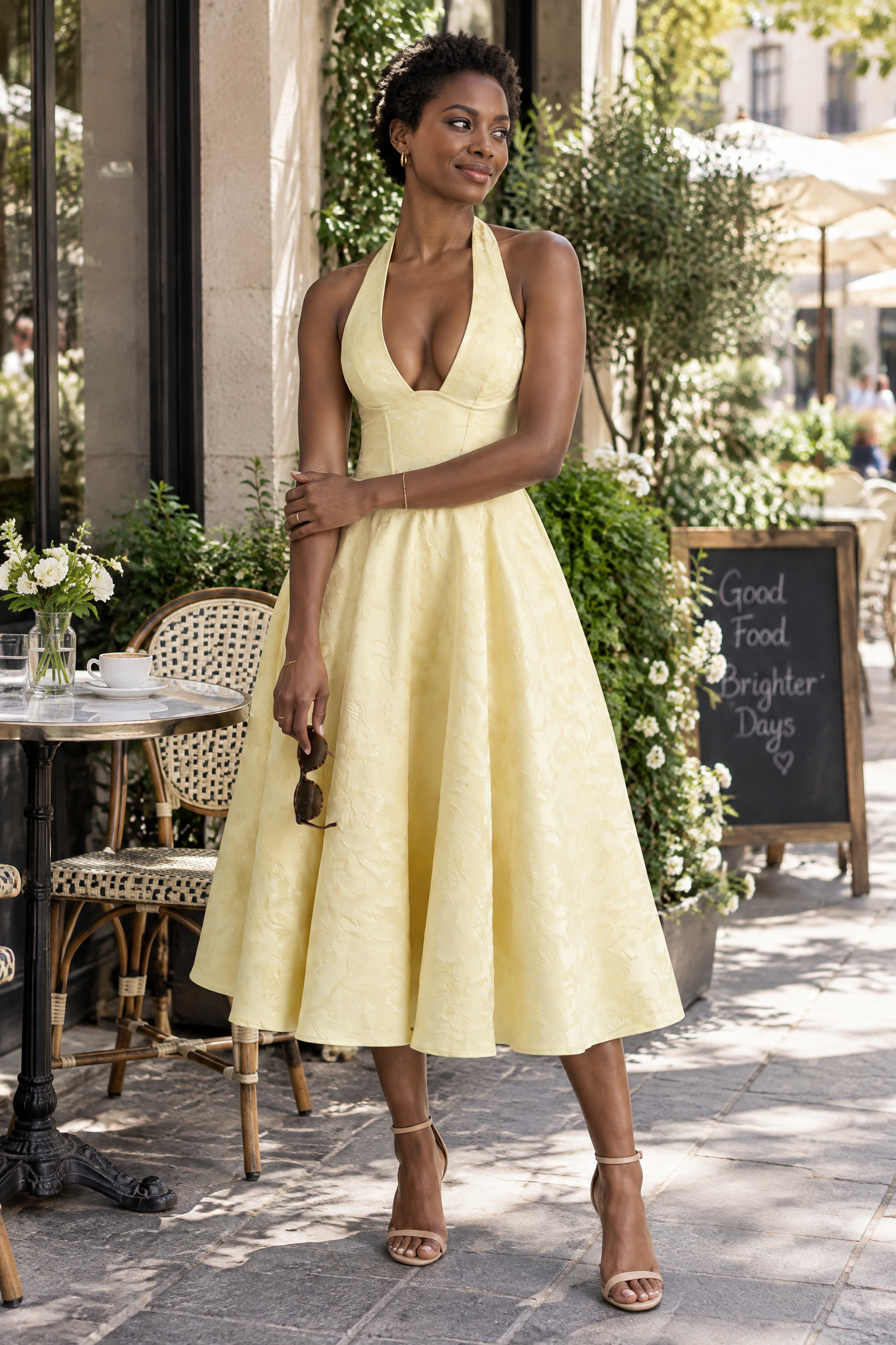 Robe midi jacquard à encolure dos nu jaune | Photo lifestyle | Lounelle Paris