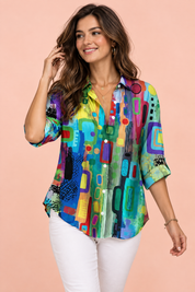 Chemise longue fleurie verte à col | Vue de face | Lounelle Paris