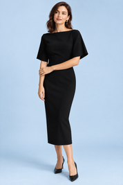 Robe midi noire avec cape amovible | Vue de face | Lounelle Paris