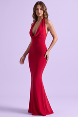 Red Backless Cowl Neck Fishtail Maxi Dress