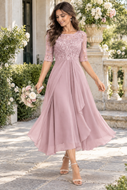 Robe en mousseline à corsage brodé rose poudré | Photo lifestyle | Lounelle Paris