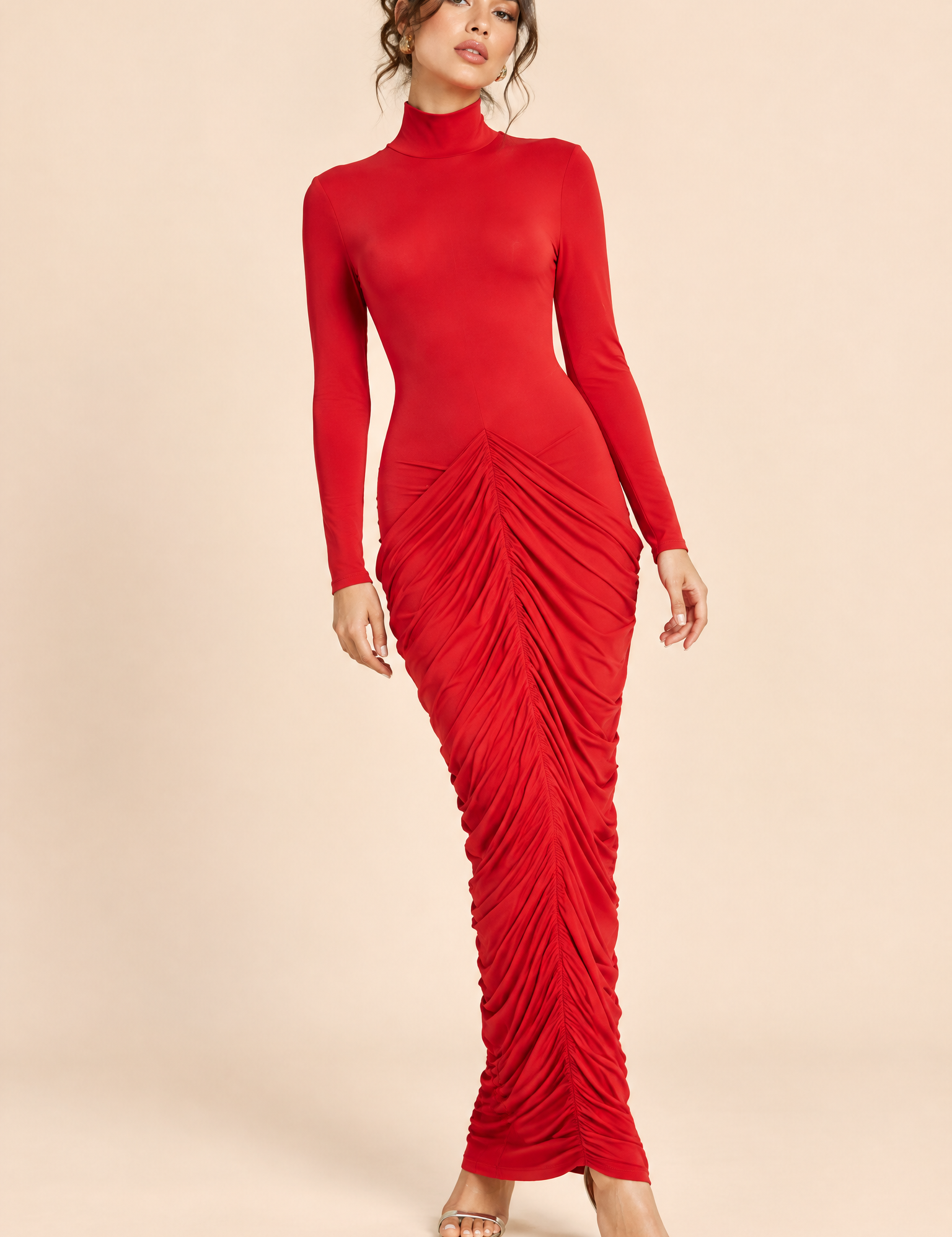 Robe longue rouge froncée à manches longues | Vue de face | Lounelle Paris