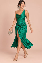 Robe midi asymétrique à sequins vert émeraude | Vue en mouvement | Lounelle Paris