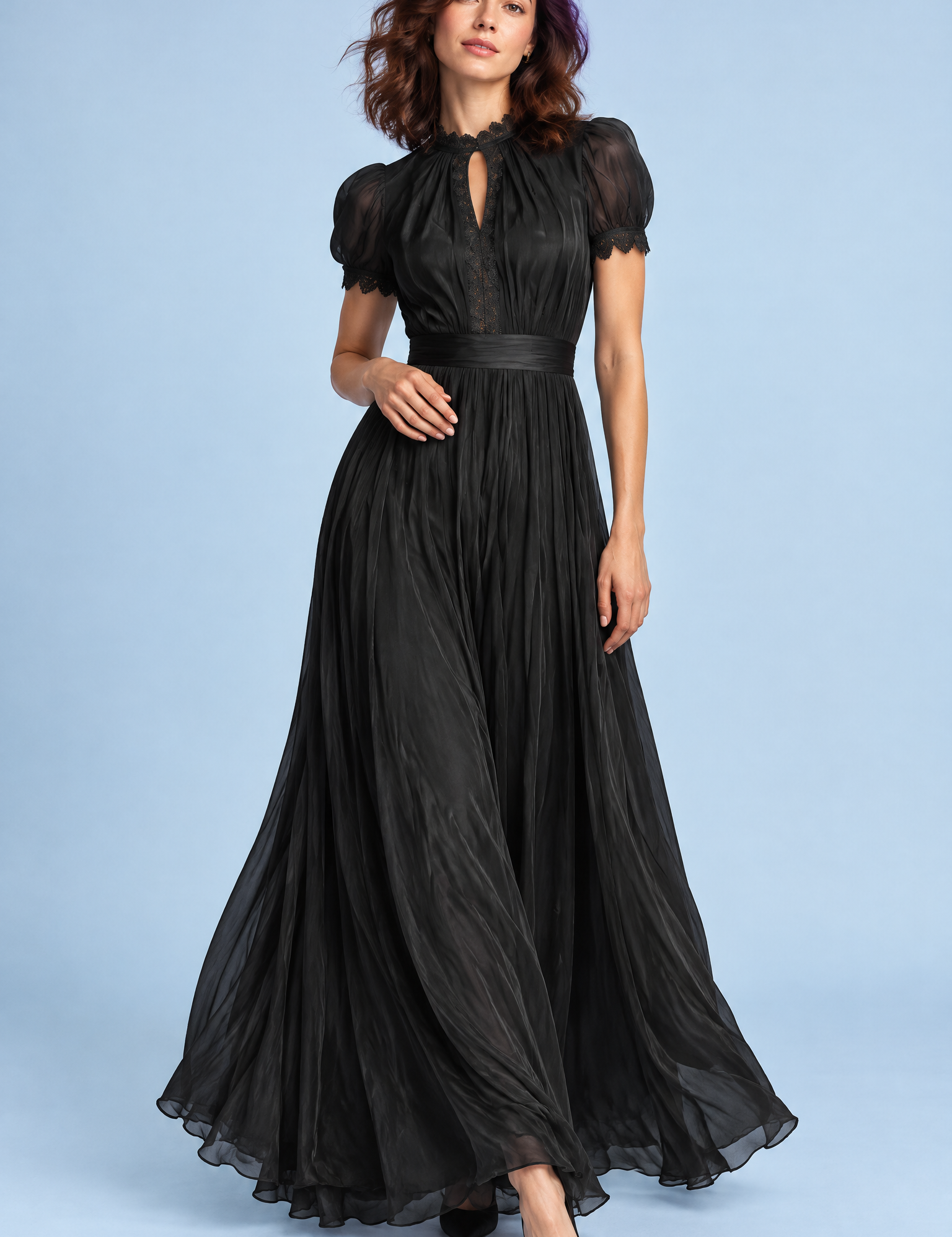 Robe longue noire à volants | Vue de face | Lounelle Paris