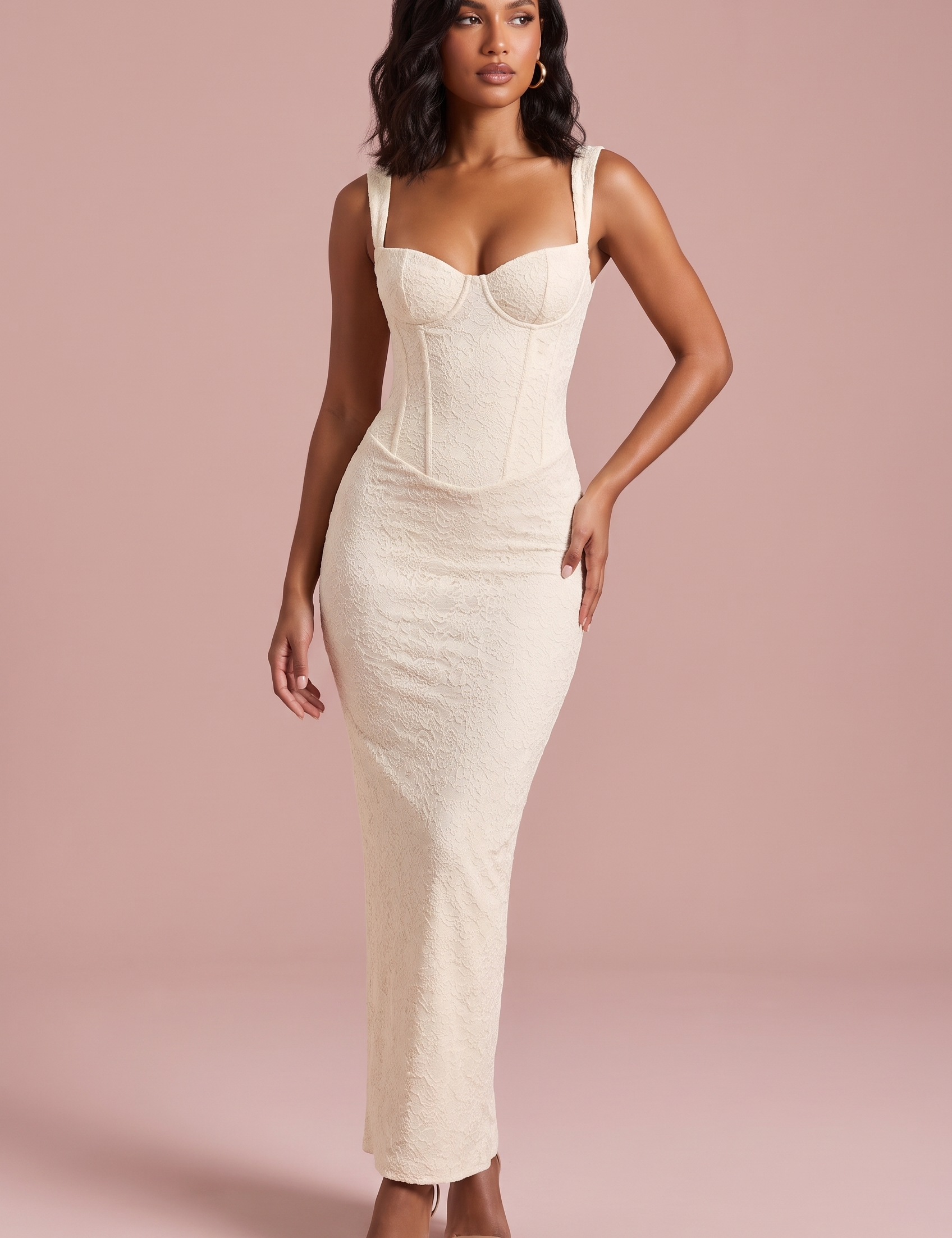 Robe longue corset en dentelle ivoire | Vue de face | Lounelle Paris