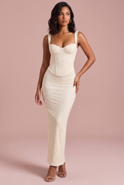 Robe longue corset en dentelle ivoire | Vue de face | Lounelle Paris