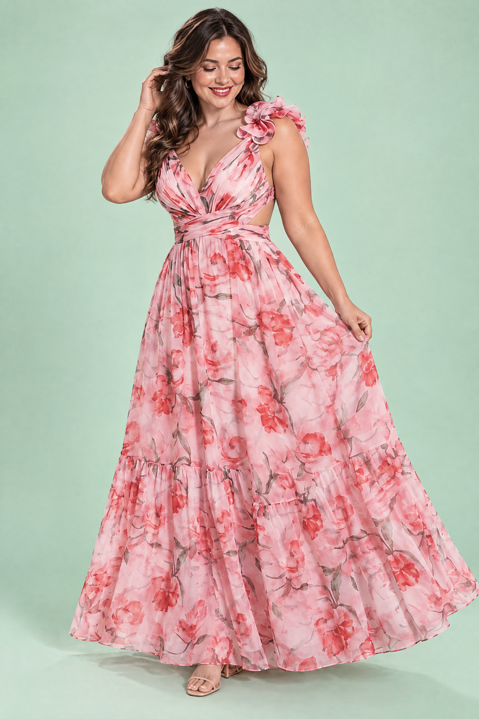 Robe longue rose fleurie à volants | Porté sur une autre silhouette | Lounelle Paris