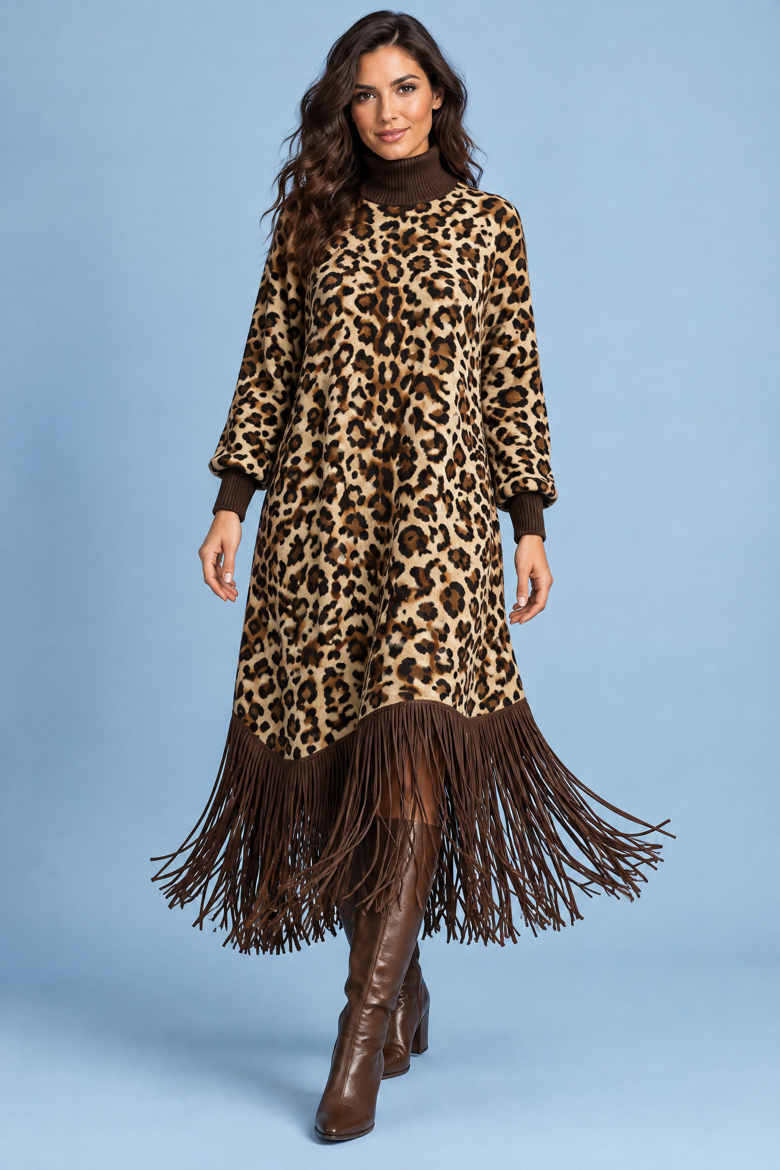 Robe longue imprimée léopard à franges | Vue de face | Lounelle Paris