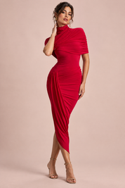 Robe midi asymétrique rouge à cape torsadée | Vue de face | Lounelle Paris